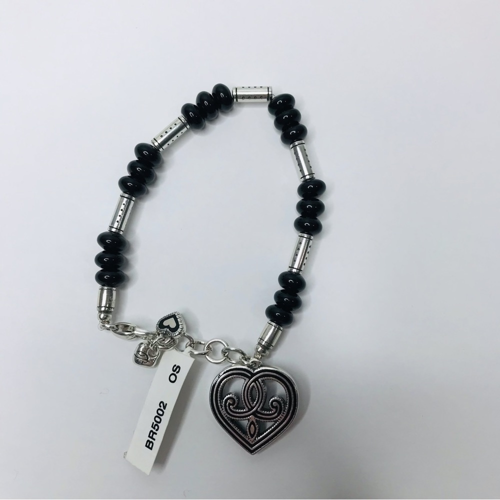 BRIGHTON Silver Black Beaded Heart Charm Bracelet